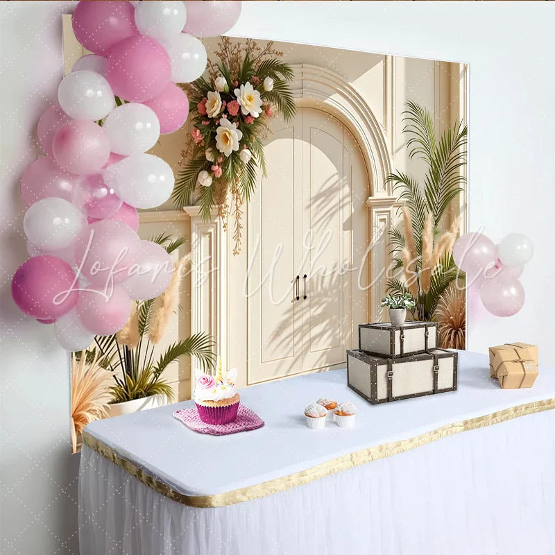 Lofaris Elegant Arch Door Floral Photography Backdrop White Flowers and Palm Leaves Studio Background for Portraits
