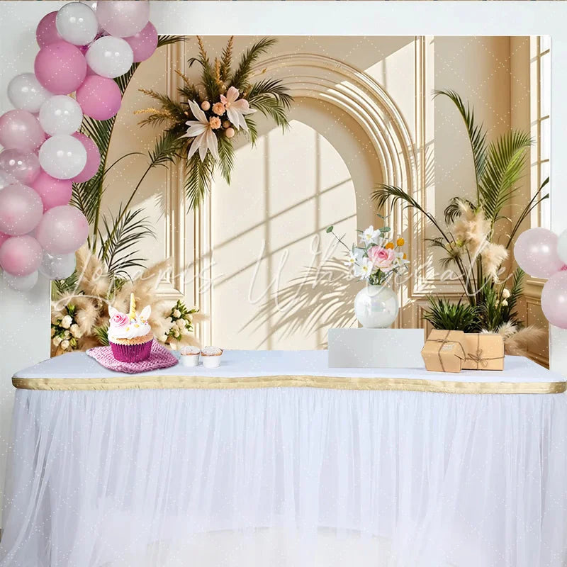 Lofaris Elegant Arch Floral Photography Backdrop with Pampas Grass and Sunlight Neutral Studio Background for Portrait Photoshoot
