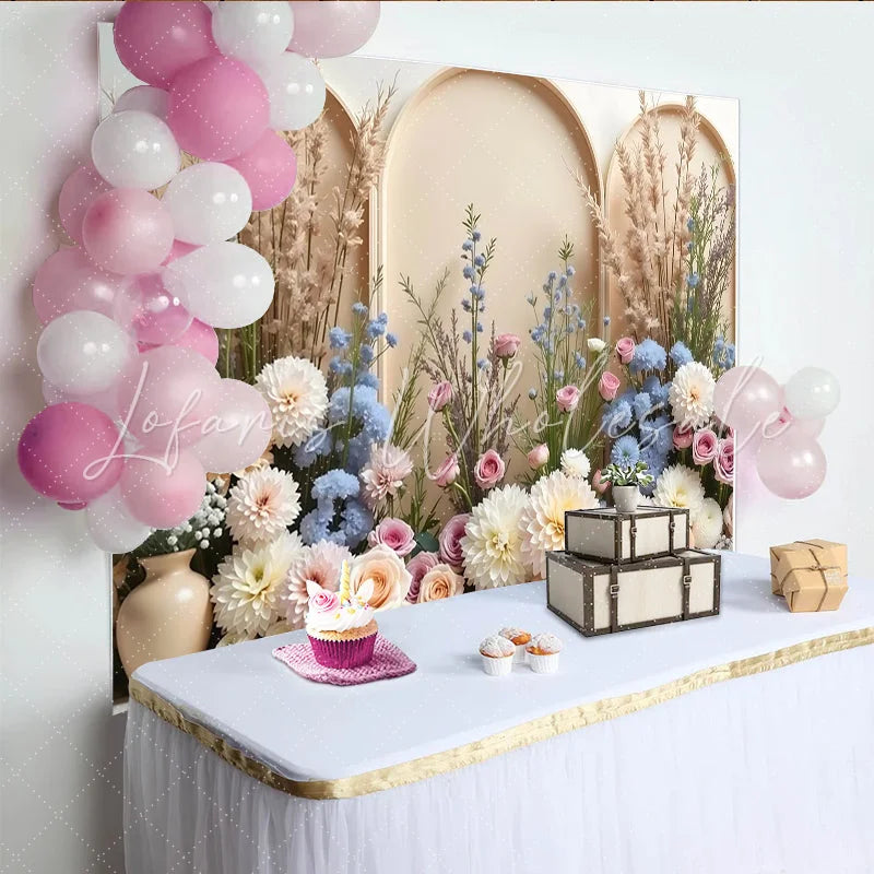 Lofaris Elegant Arch Floral Photography Backdrop with Pastel Flowers and Pampas Grass Versatile Studio for Wedding or Event Photoshoot