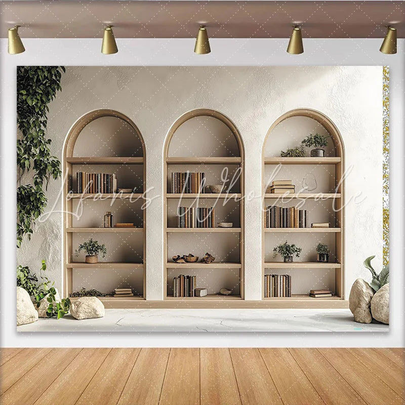 Lofaris Elegant Arched Bookshelf Photography Backdrop with Green Plants Minimalist Wall Tapestry for Professional Portrait