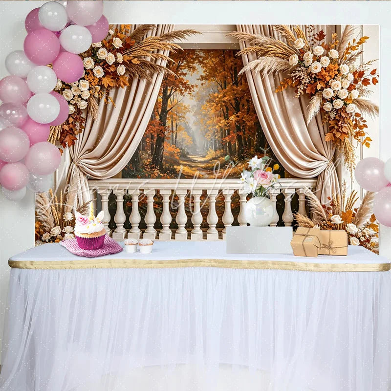 Lofaris Elegant Autumn Forest Photography Backdrop with White Roses and Pampas Grass Balustrade Studio Background for Seasonal Shoots