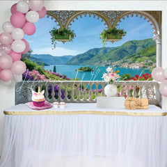 Lofaris Elegant Balcony View Natural Scenery Backdrop with Lake and Mountains Vibrant Floral Photography Background for Studio or Event