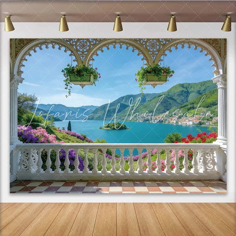 Lofaris Elegant Balcony View Natural Scenery Backdrop with Lake and Mountains Vibrant Floral Photography Background for Studio or Event