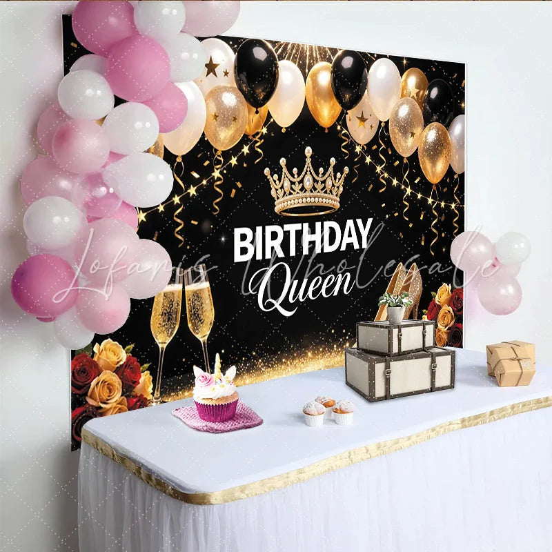 Lofaris Elegant Black and Gold Birthday Queen Backdrop with Balloons and Crown Luxurious Party Photography Background for Women