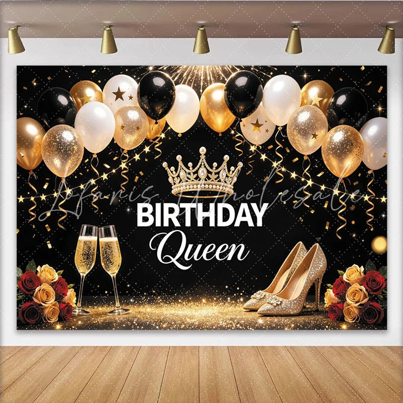 Lofaris Elegant Black and Gold Birthday Queen Backdrop with Balloons and Crown Luxurious Party Photography Background for Women