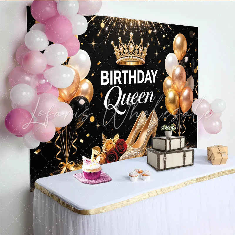 Lofaris Elegant Black and Gold Birthday Queen Backdrop with Crown and Sparkling Heels Glitter Balloons Party Decor for Women’s Birthday