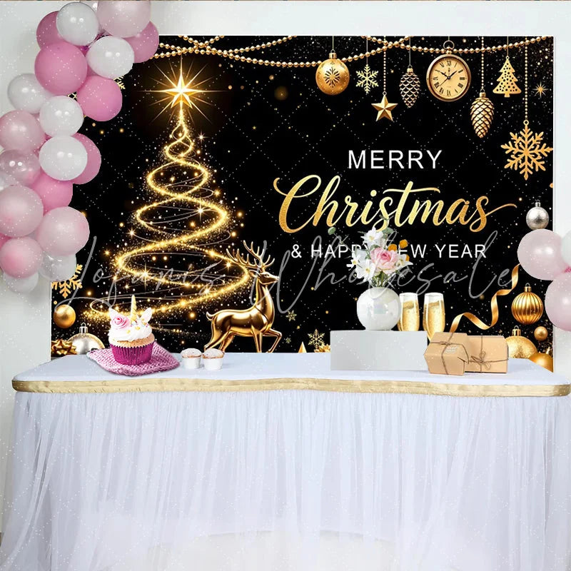 Lofaris Elegant Black and Gold Christmas Backdrop with Glowing Tree and Reindeer Festive Happy New Year Party Background for Photoshoot
