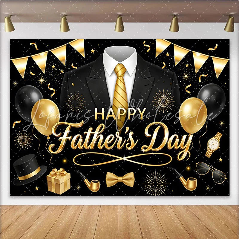Lofaris Elegant Black and Gold Father’s Day Backdrop with Suit and Tie Stylish Party Decor for Dad’s Celebration Photoshoot