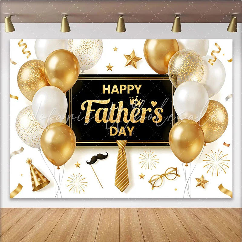 Lofaris Elegant Black and Gold Fathers Day Backdrop with Balloons and Glitter Stylish Party Decor for Celebration Photography