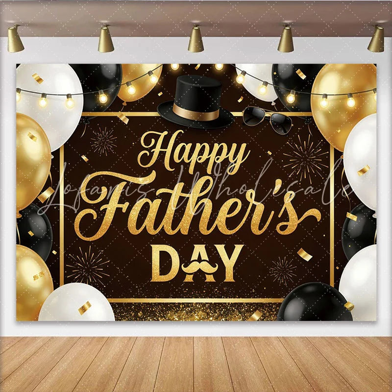 Lofaris Elegant Black and Gold Fathers Day Backdrop with Balloons and Top Hat Sparkling Glitter Background for Dad’s Party