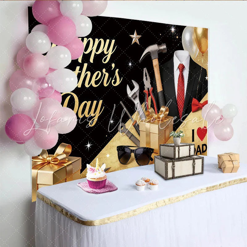 Lofaris Elegant Black and Gold Fathers Day Backdrop with Suit and Tools Glittery Party Background for Celebration