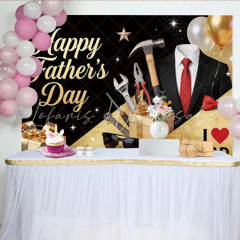 Lofaris Elegant Black and Gold Fathers Day Backdrop with Suit and Tools Glittery Party Background for Celebration