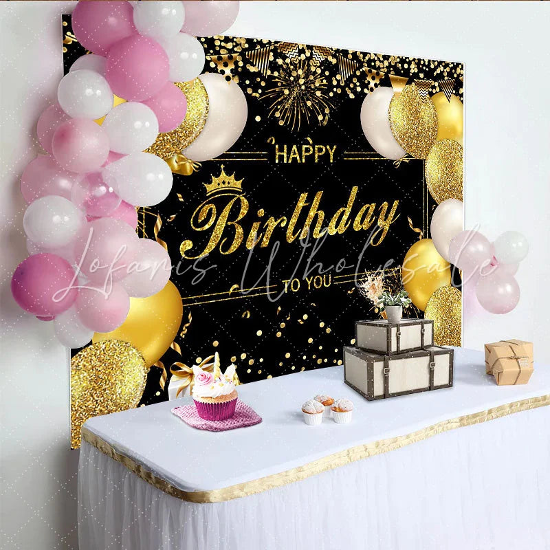 Lofaris Elegant Black and Gold Glitter Birthday Backdrop with Balloons and Crown Festive Party Decor for Celebration