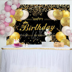 Lofaris Elegant Black and Gold Glitter Birthday Backdrop with Balloons and Crown Festive Party Decor for Celebration