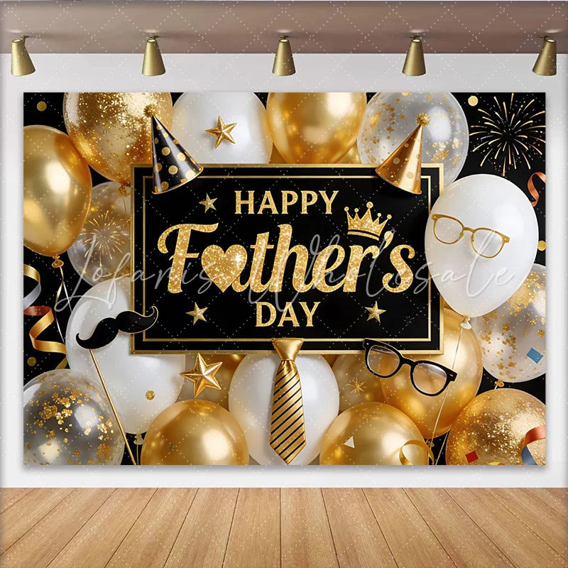Lofaris Elegant Black and Gold Glitter Fathers Day Backdrop with Balloons Stylish Party Decor for Dad’s Celebration Photoshoot