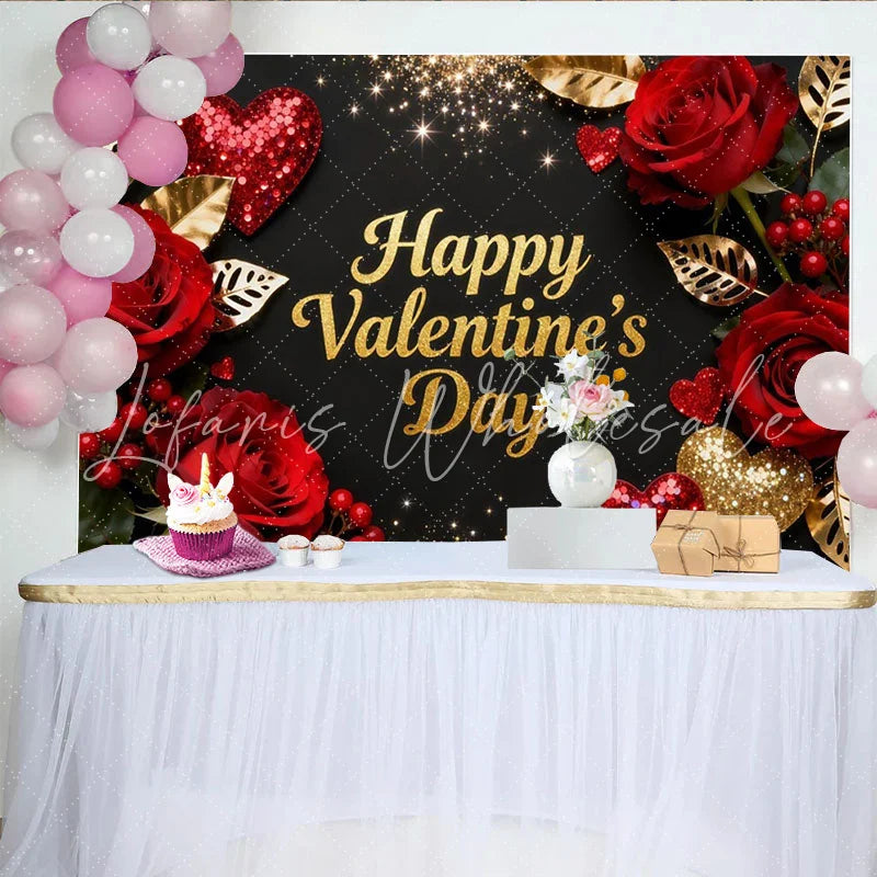 Lofaris Elegant Black and Gold Glitter Happy Valentine’s Day Party Backdrop Romantic Red Roses and Hearts Decor
