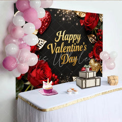 Lofaris Elegant Black and Gold Glitter Happy Valentine’s Day Party Backdrop Romantic Red Roses and Hearts Decor