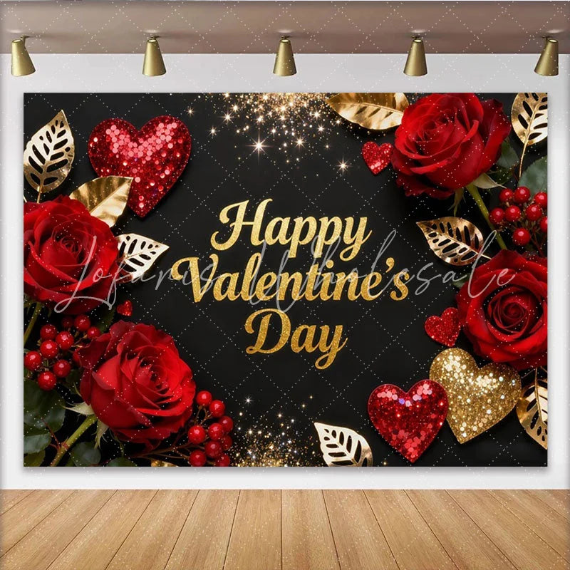 Lofaris Elegant Black and Gold Glitter Happy Valentine’s Day Party Backdrop Romantic Red Roses and Hearts Decor