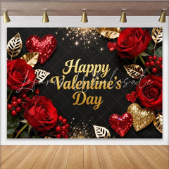 Lofaris Elegant Black and Gold Glitter Happy Valentine’s Day Party Backdrop Romantic Red Roses and Hearts Decor