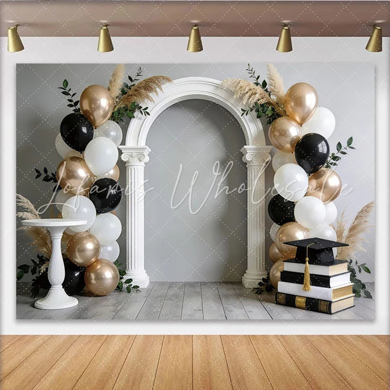 Lofaris Elegant Black and Gold Graduation Backdrop with Arch and Balloons Stylish Photo Booth Prop for Celebration Party