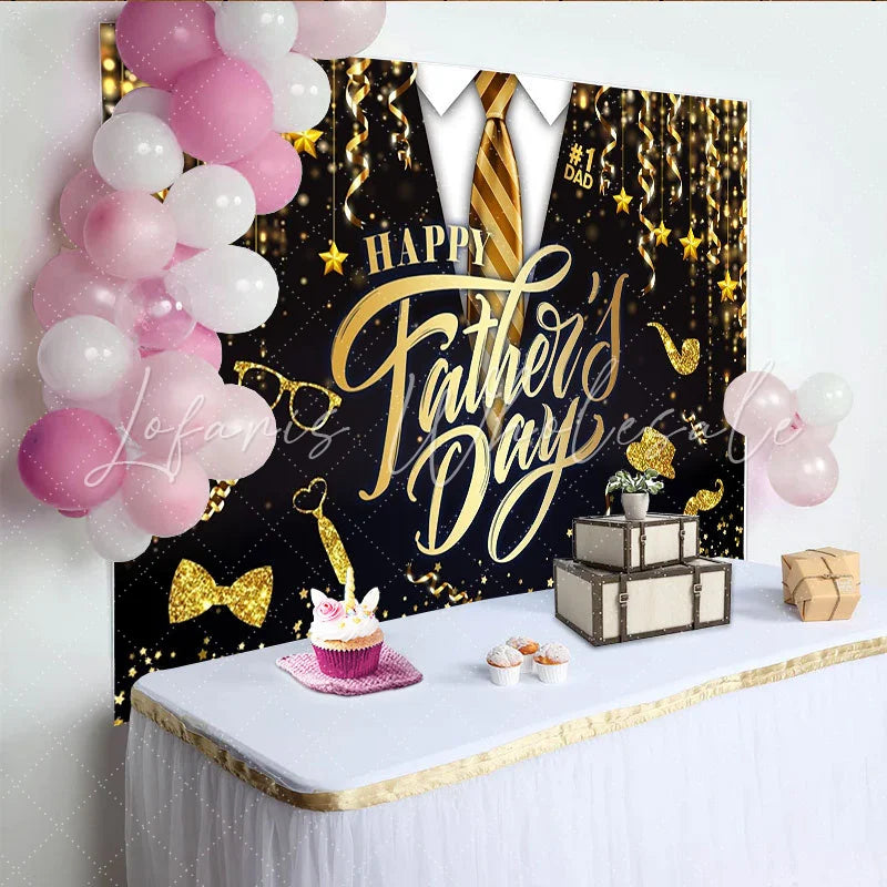 Lofaris Elegant Black and Gold Happy Fathers Day Backdrop with Suit and Tie Sparkling Glitter Background for Dad’s Celebration Party Decor