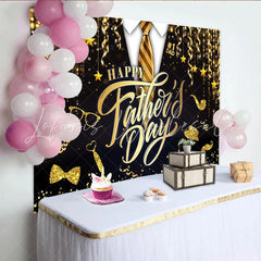 Lofaris Elegant Black and Gold Happy Fathers Day Backdrop with Suit and Tie Sparkling Glitter Background for Dad’s Celebration Party Decor