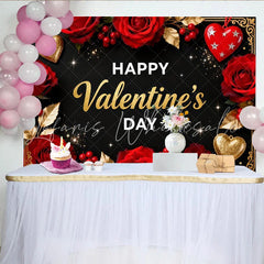 Lofaris Elegant Black and Gold Happy Valentine’s Day Party Backdrop Romantic Red Roses and Glitter Hearts Decor