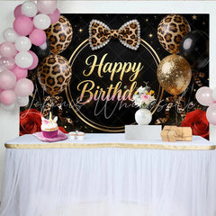 Lofaris Elegant Black and Gold Leopard Print Birthday Backdrop Glitter Balloons and Red Roses Photo Background for Women