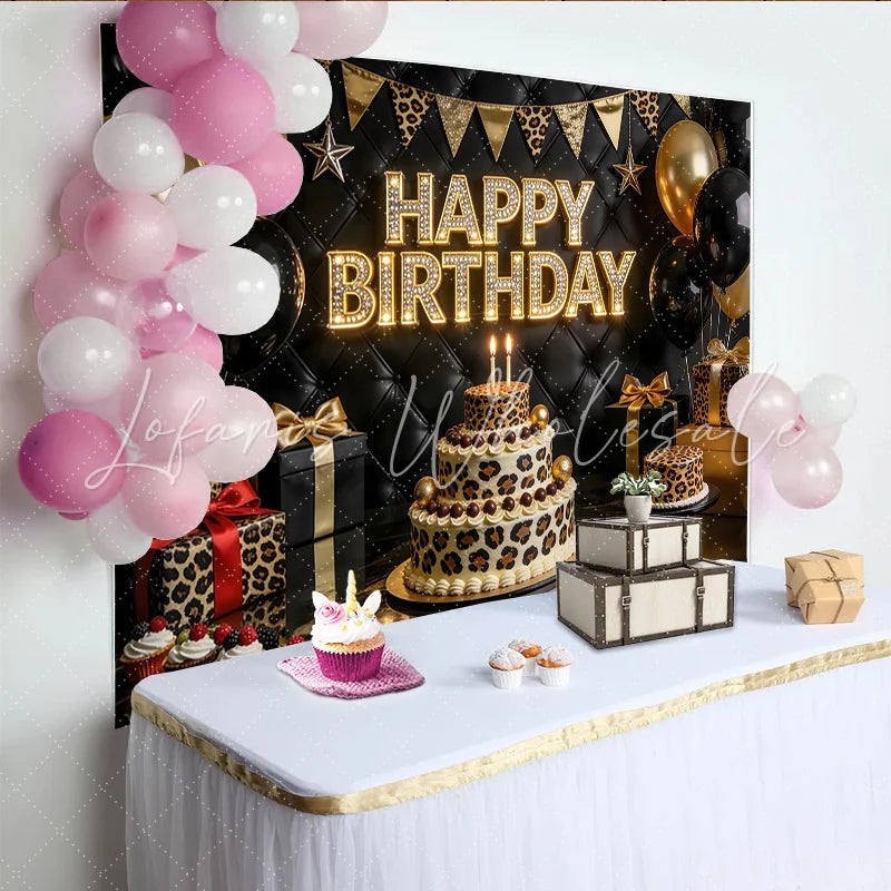 Lofaris Elegant Black and Gold Leopard Print Birthday Backdrop Luxurious Party Background with Balloons and Tufted Leather