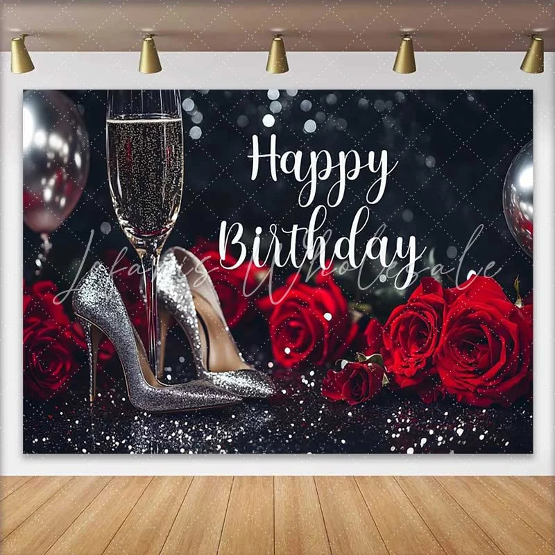 Lofaris Elegant Black and Silver Glitter Happy Birthday Backdrop featuring Red Roses and Champagne Heels