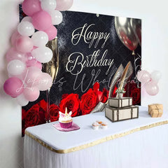 Lofaris Elegant Black and Silver Glitter Happy Birthday Backdrop with Champagne Sparkly High Heels and Red Roses Party Decoration