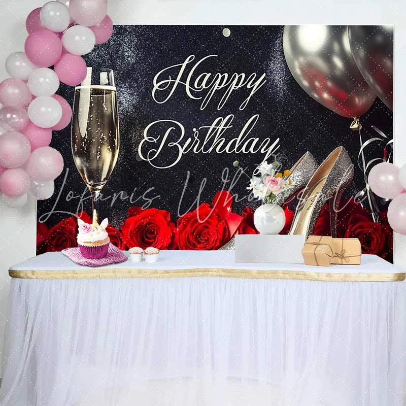 Lofaris Elegant Black and Silver Glitter Happy Birthday Backdrop with Champagne Sparkly High Heels and Red Roses Party Decoration