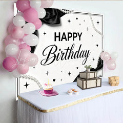 Lofaris Elegant Black and White Birthday Backdrop with Pearl Strings and Bows Chic Party Decor for Women and Girls Photoshoot
