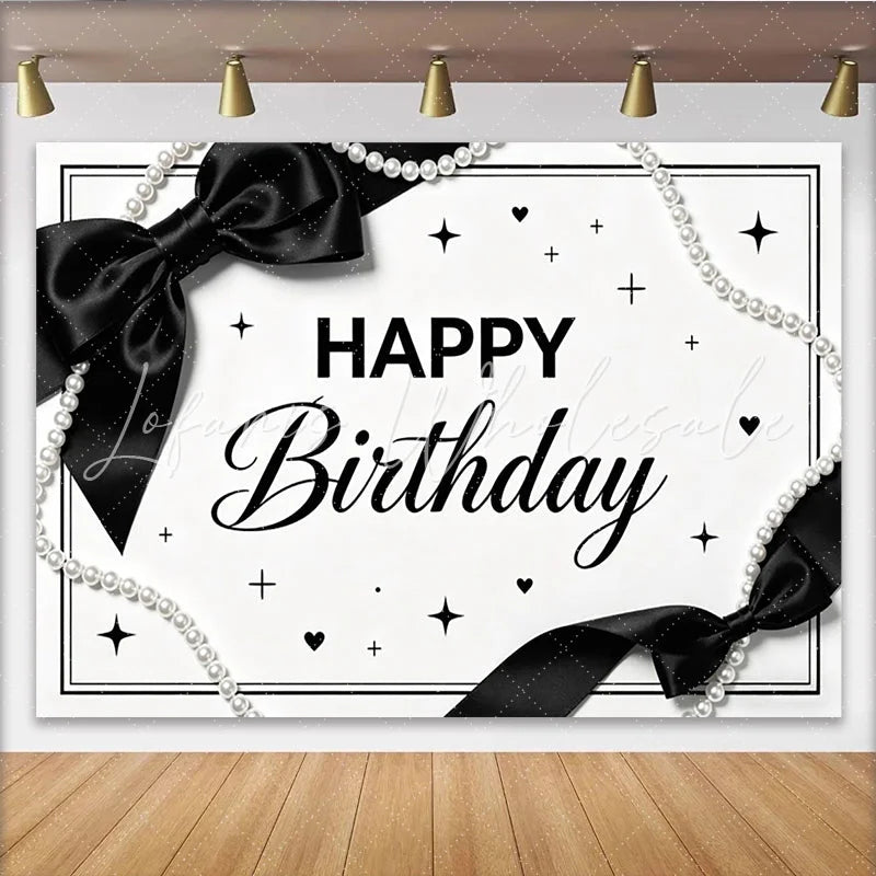 Lofaris Elegant Black and White Birthday Backdrop with Pearl Strings and Bows Chic Party Decor for Women and Girls Photoshoot
