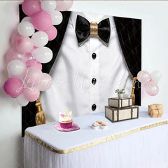 Lofaris Elegant Black and White Tuxedo Photography Backdrop with Gold Bow Tie Luxurious Velvet Stage Background for Formal Portraits