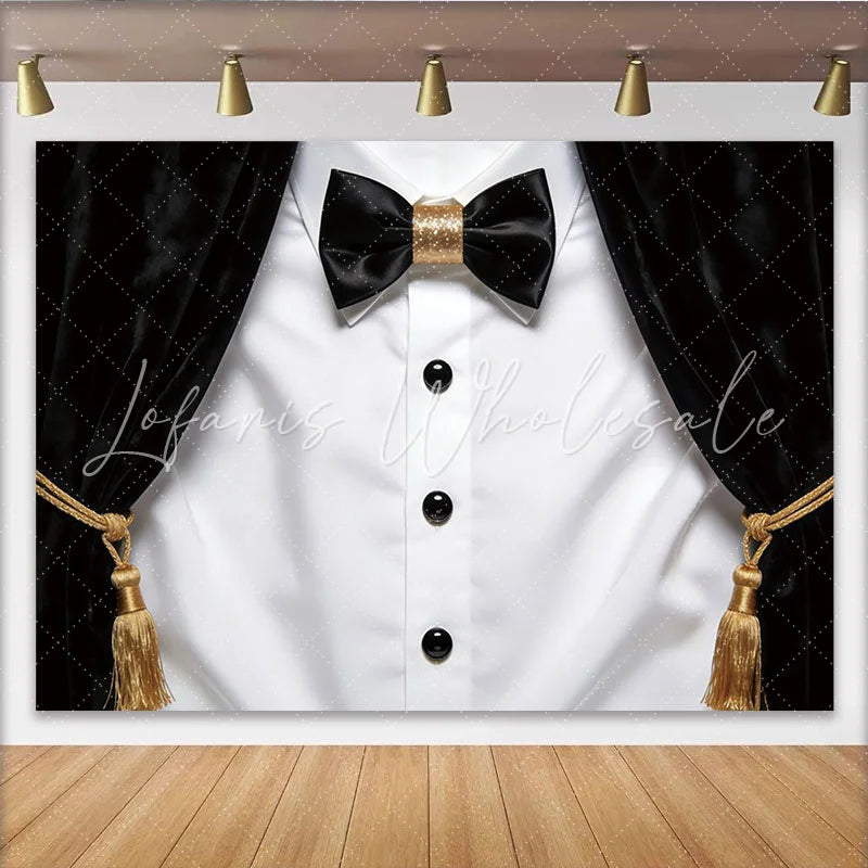 Lofaris Elegant Black and White Tuxedo Photography Backdrop with Gold Bow Tie Luxurious Velvet Stage Background for Formal Portraits