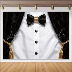 Lofaris Elegant Black and White Tuxedo Photography Backdrop with Gold Bow Tie Luxurious Velvet Stage Background for Formal Portraits