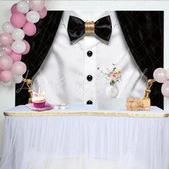 Lofaris Elegant Black and White Tuxedo Photography Backdrop with Gold Bow Tie Luxurious Velvet Stage Background for Formal Portraits