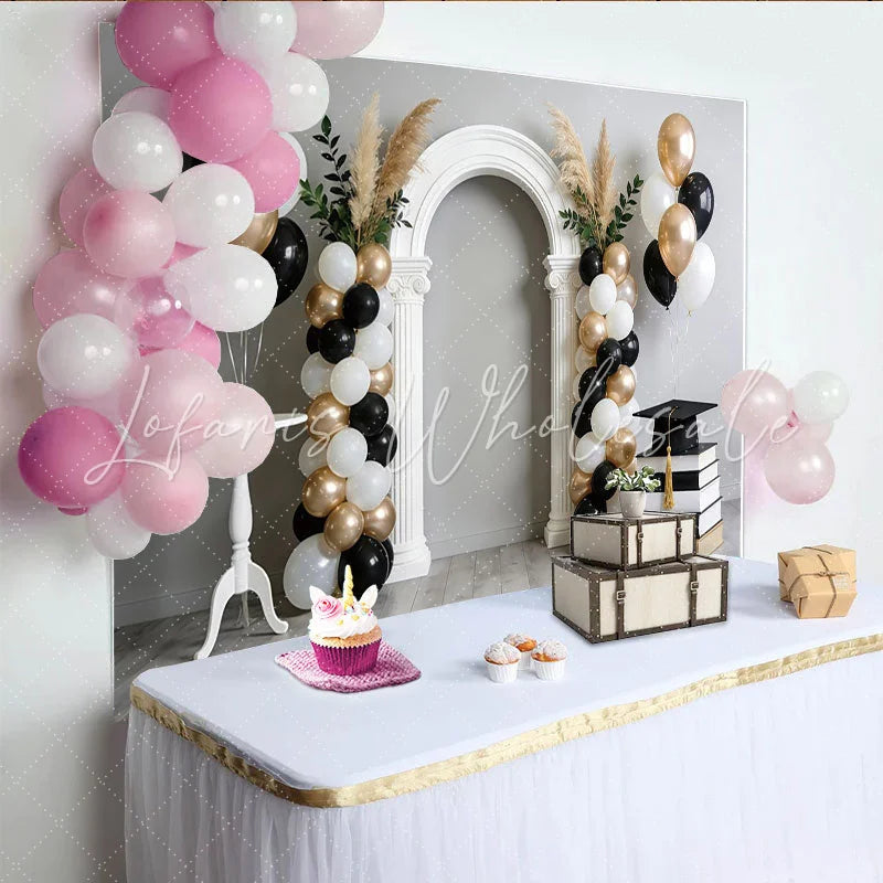 Lofaris Elegant Black White Gold Graduation Backdrop with Arch Balloons and Cap Pampas Grass Photo Background for Party Celebration