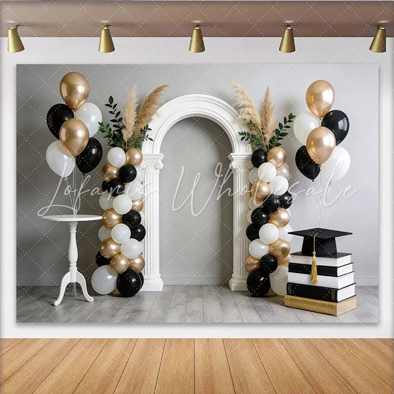 Lofaris Elegant Black White Gold Graduation Backdrop with Arch Balloons and Cap Pampas Grass Photo Background for Party Celebration