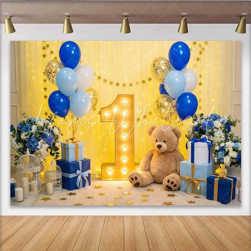 Lofaris Elegant Blue and Gold Balloons First Birthday Party Backdrop Marquee Number One and Teddy Bear Decor