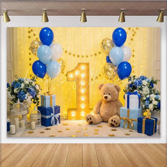 Lofaris Elegant Blue and Gold Balloons First Birthday Party Backdrop Marquee Number One and Teddy Bear Decor