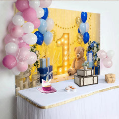 Lofaris Elegant Blue and Gold Balloons First Birthday Party Backdrop Marquee Number One and Teddy Bear Decor