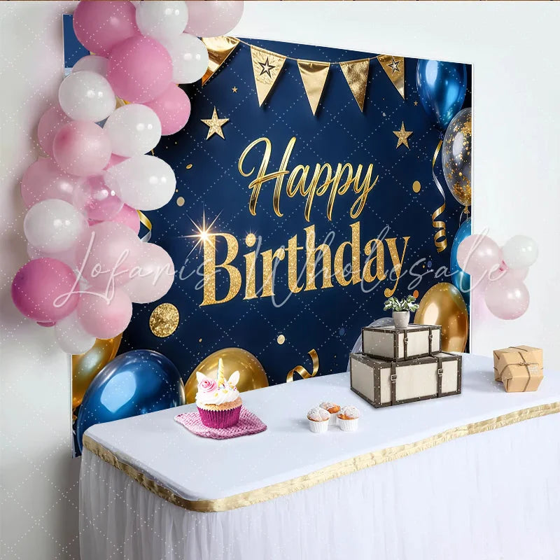 Lofaris Elegant Blue and Gold Glitter Happy Birthday Backdrop with Balloons Luxurious Party Background Decor for Celebrations