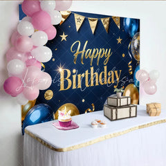 Lofaris Elegant Blue and Gold Glitter Happy Birthday Backdrop with Balloons Luxurious Party Background Decor for Celebrations