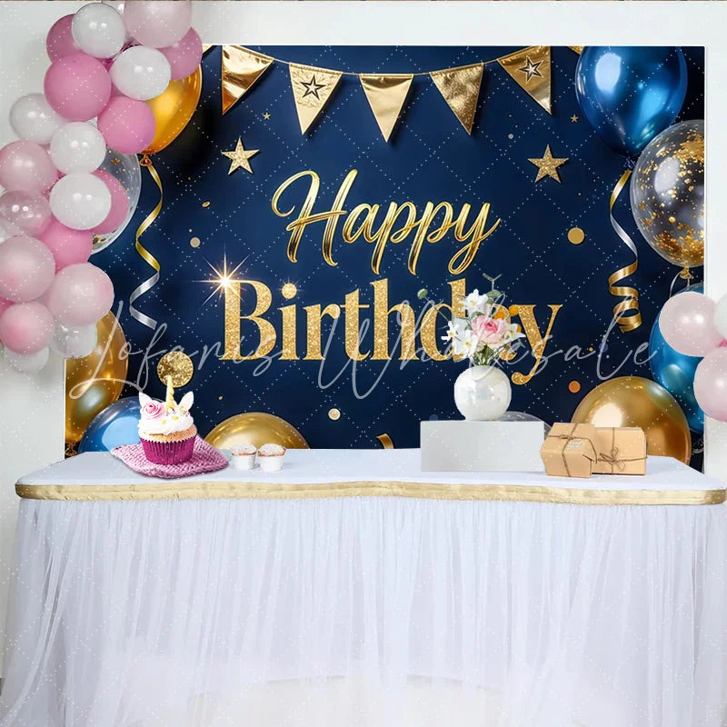 Lofaris Elegant Blue and Gold Glitter Happy Birthday Backdrop with Balloons Luxurious Party Background Decor for Celebrations
