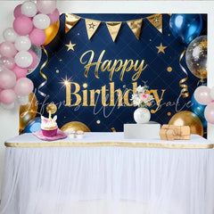 Lofaris Elegant Blue and Gold Glitter Happy Birthday Backdrop with Balloons Luxurious Party Background Decor for Celebrations