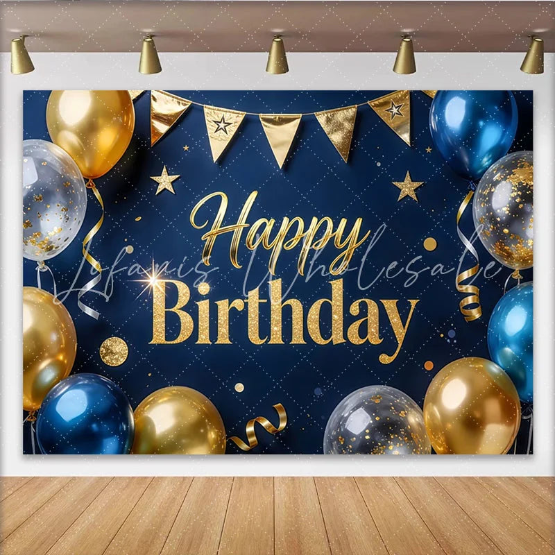 Lofaris Elegant Blue and Gold Glitter Happy Birthday Backdrop with Balloons Luxurious Party Background Decor for Celebrations