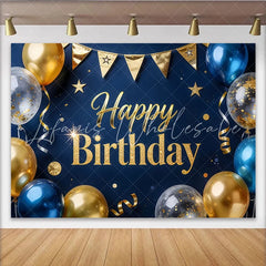 Lofaris Elegant Blue and Gold Glitter Happy Birthday Backdrop with Balloons Luxurious Party Background Decor for Celebrations