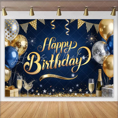Lofaris Elegant Blue and Gold Happy Birthday Backdrop with Balloons and Glitter Sparkling Party Background for Adults and Kids Photoshoot